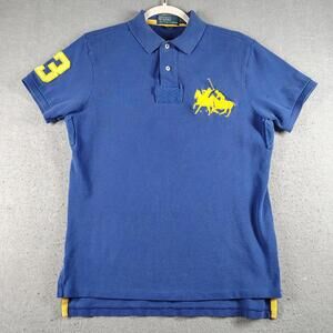 Vintage Polo Ralph Lauren Mens M Blue Yellow Big Pony Custom Fit Polo Shirt EUC